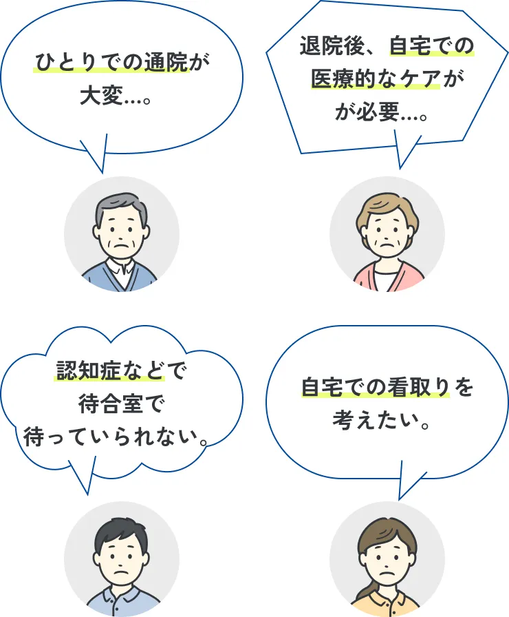 ひとりでの通院が大変…。退院後、自宅での医療的なケアが必要…。認知症などで待合室で待っていられない。自宅での看取りを考えたい。
