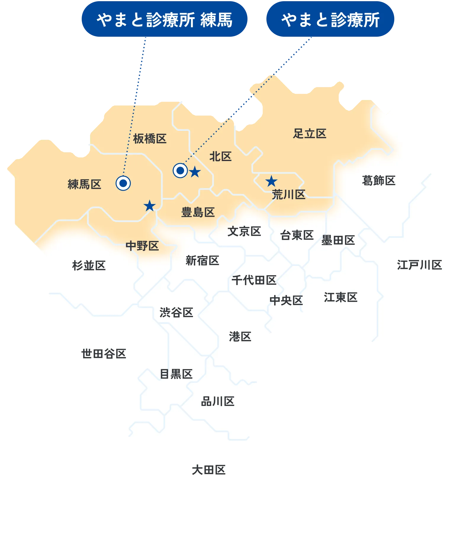 東京23区の地図。練馬区、板橋区、北区、荒川区、足立区と中野区と豊島区の上半分ほどが黄色で塗られている